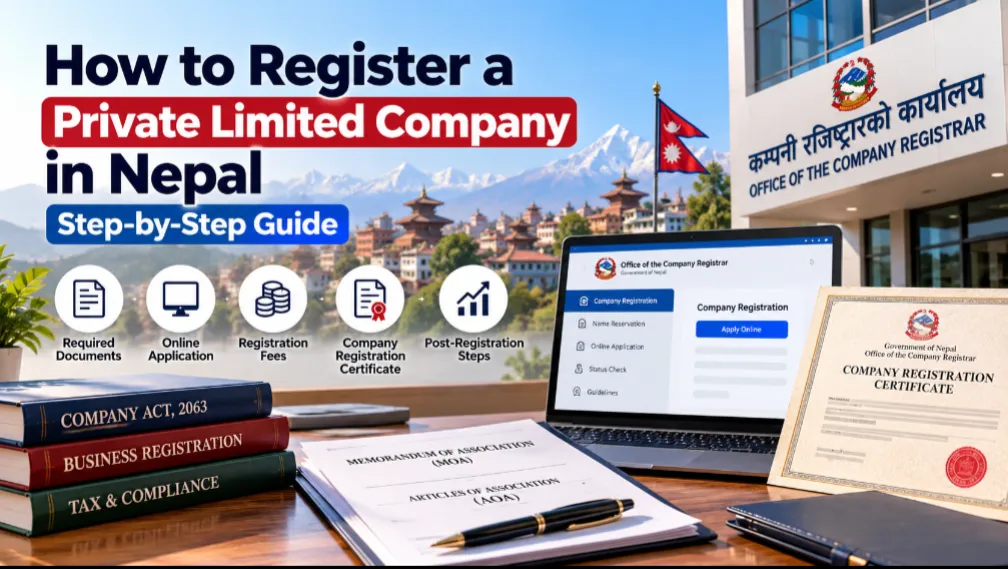 Entrepreneur registering a private limited company in Nepal with business documents and a company registration certificate.