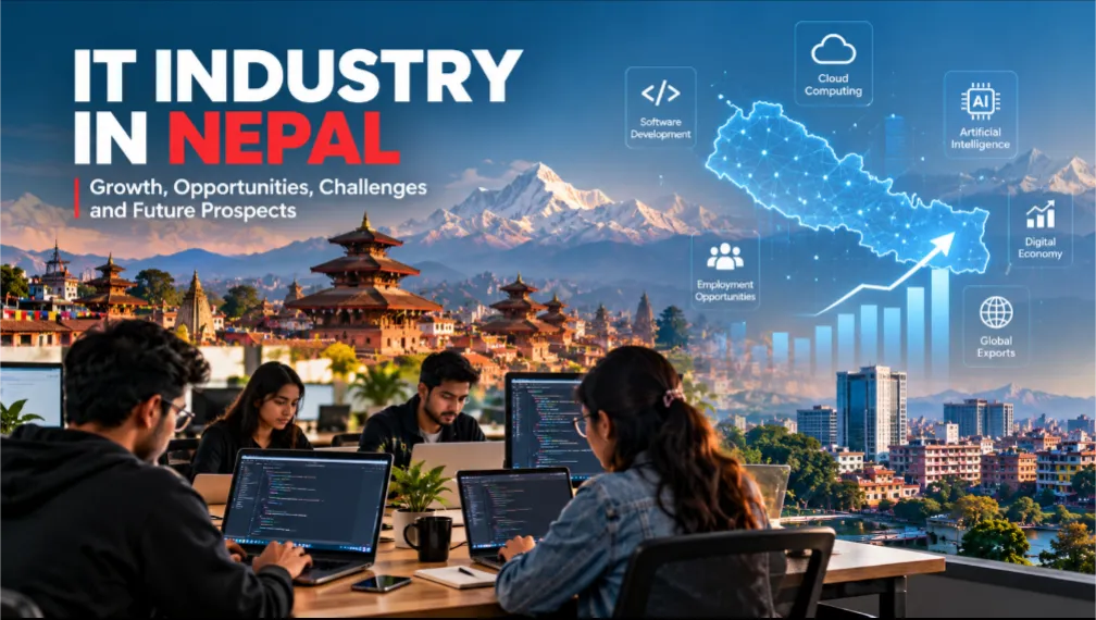 IT industry in Nepal featuring software developers, digital technology, cloud computing, and AI innovation