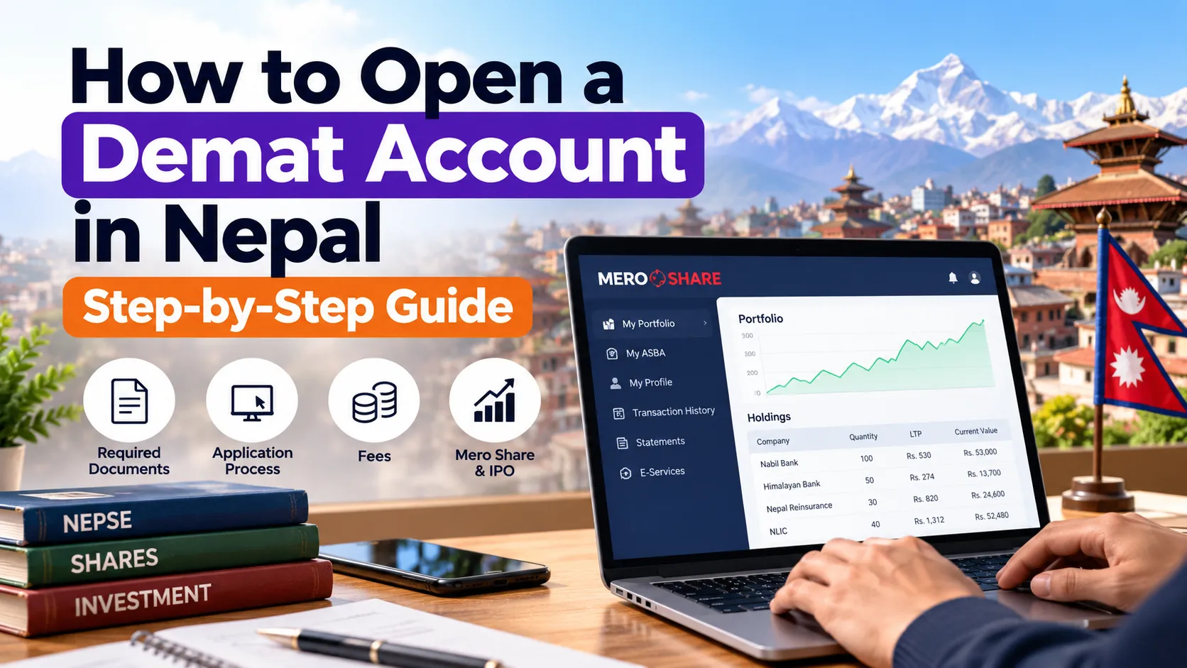 Illustration of opening a Demat account in Nepal with Mero Share, investment books, and the Nepal stock market